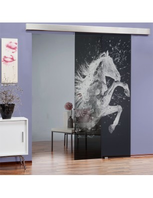 Glasschiebetür ECO-LINE flying Horse Gelasert Auf Grauglas