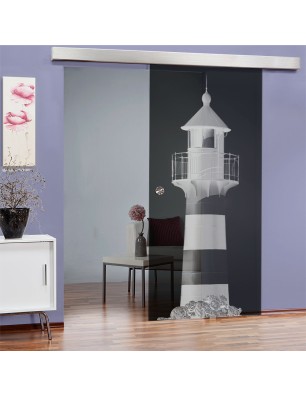 Glasschiebetür ECO-LINE Leuchtturm 2 Gelasert Auf Grauglas