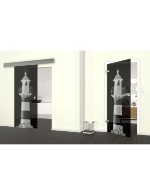 Glasschiebetür ECO-LINE Leuchtturm 2 Gelasert Auf Grauglas