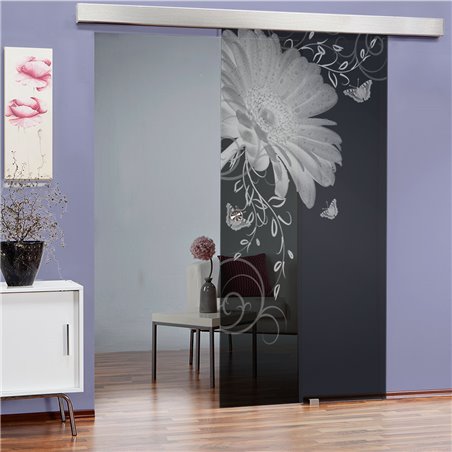 Glasschiebetür ECO-LINE Blume 3 Gelasert Auf Grauglas