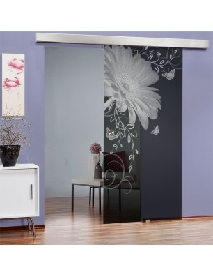 Glasschiebetür ECO-LINE Blume 3 Gelasert Auf Grauglas