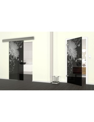 Glasschiebetür ECO-LINE Blume 3 Gelasert Auf Grauglas