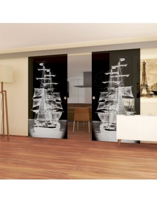 Glasschiebetür ECO-LINE Segelschiff II Gelasert Auf Grauglas