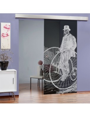 Glasschiebetür ECO-LINE Vintage Bike Gelasert Auf Grauglas