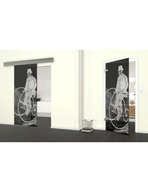 Glasschiebetür ECO-LINE Vintage Bike Gelasert Auf Grauglas
