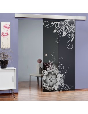 Glasschiebetür ECO-LINE Blume 11 Gelasert Auf Grauglas