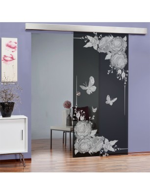 Glasschiebetür ECO-LINE Blume 5 Gelasert Auf Grauglas