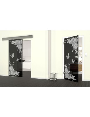 Glasschiebetür ECO-LINE Blume 5 Gelasert Auf Grauglas