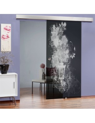 Glasschiebetür ECO-LINE Blume 6 Gelasert Auf Grauglas