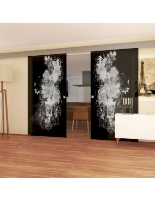 Glasschiebetür ECO-LINE Blume 6 Gelasert Auf Grauglas