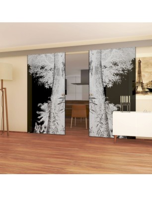 Glasschiebetür ECO-LINE Wald Gelasert Auf Grauglas