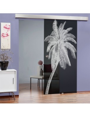 Glasschiebetür ECO-LINE Palme Gelasert Auf Grauglas