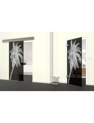 Glasschiebetür ECO-LINE Palme Gelasert Auf Grauglas
