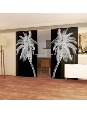 Glasschiebetür ECO-LINE Palme Gelasert Auf Grauglas