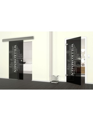 Glasschiebetür ECO-LINE Willkommen Gelasert Auf Grauglas