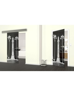 Glasschiebetür ECO-LINE Leuchtturm 4 Gelasert Auf Grauglas