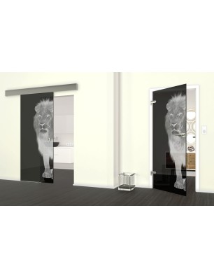 Glasschiebetür ECO-LINE Löwe Gelasert Auf Grauglas