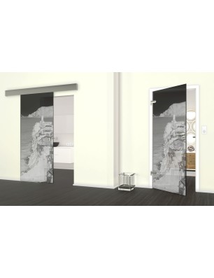 Glasschiebetür ECO-LINE Mediteranes Dorf Gelasert Auf Grauglas