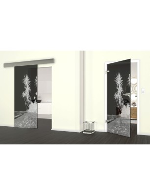 Glasschiebetür ECO-LINE Palmen Gelasert Auf Grauglas