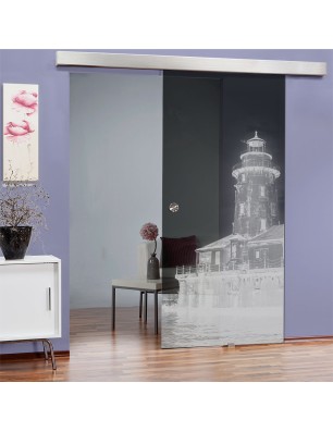 Glasschiebetür ECO-LINE Leuchtturm 5 Gelasert Auf Grauglas