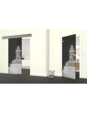Glasschiebetür ECO-LINE Leuchtturm 5 Gelasert Auf Grauglas