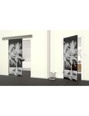 Glasschiebetür ECO-LINE Palmen II Gelasert Auf Grauglas