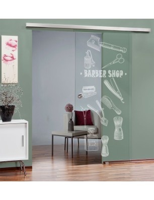 Glasschiebetür SLIM-LINE Barber Shop Gelasert Auf Klarglas