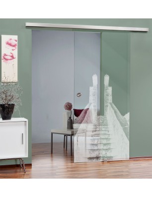 Glasschiebetür SLIM-LINE Treppe Gelasert Auf Klarglas