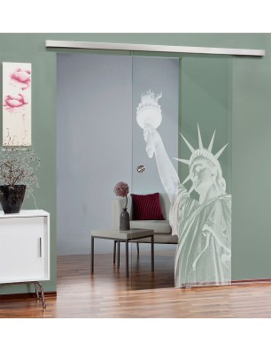 Glasschiebetür SLIM-LINE Freiheitsstatue Gelasert Auf Klarglas