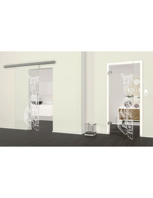 Glasschiebetür SLIM-LINE Katze Gelasert Auf Klarglas