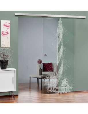 Glasschiebetür SLIM-LINE Leuchtturm Gelasert Auf Klarglas