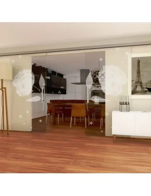 Glasschiebetür SLIM-LINE Blume Gelasert Auf Klarglas