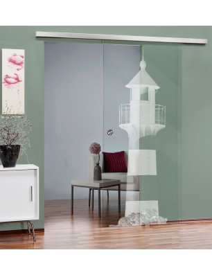 Glasschiebetür SLIM-LINE Leuchtturm 2 Gelasert Auf Klarglas
