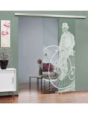 Glasschiebetür SLIM-LINE Vintage Bike Gelasert Auf Klarglas