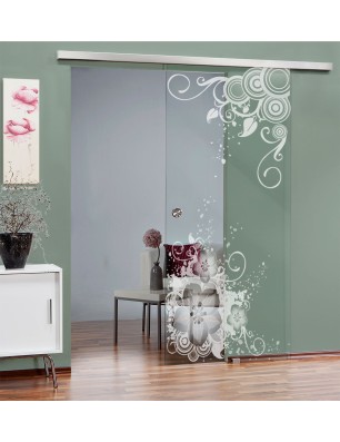 Glasschiebetür SLIM-LINE Blume 11 Gelasert Auf Klarglas
