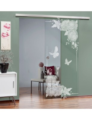 Glasschiebetür SLIM-LINE Blume 5 Gelasert Auf Klarglas