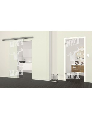 Glasschiebetür SLIM-LINE No pain No Gain Gelasert Auf Klarglas