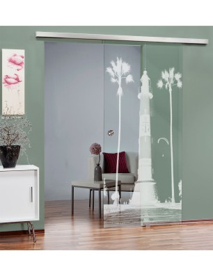 Glasschiebetür SLIM-LINE Leuchtturm 4 Gelasert Auf Klarglas