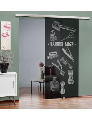 Glasschiebetür SLIM-LINE Barber Shop Gelasert Auf Grauglas
