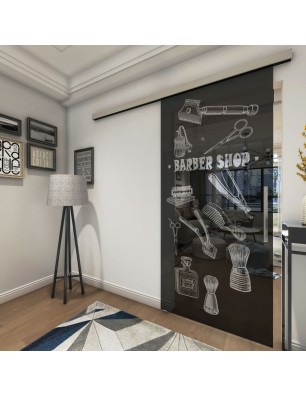 Glasschiebetür SLIM-LINE Barber Shop Gelasert Auf Grauglas
