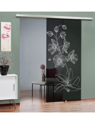 Glasschiebetür SLIM-LINE Blume 9 Gelasert Auf Grauglas