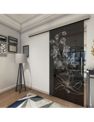 Glasschiebetür SLIM-LINE Blume 9 Gelasert Auf Grauglas
