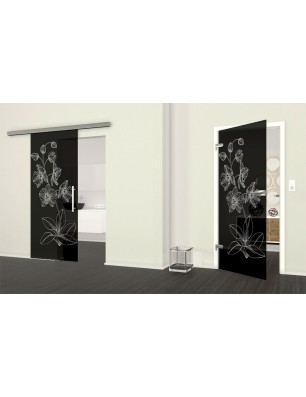 Glasschiebetür SLIM-LINE Blume 9 Gelasert Auf Grauglas