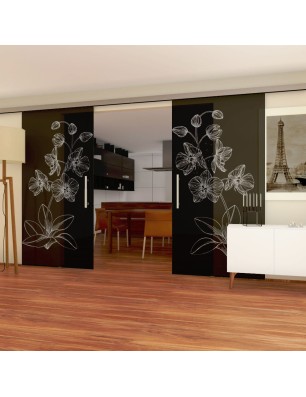 Glasschiebetür SLIM-LINE Blume 9 Gelasert Auf Grauglas