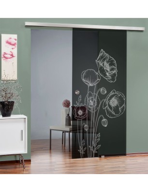 Glasschiebetür SLIM-LINE Blume 10 Gelasert Auf Grauglas