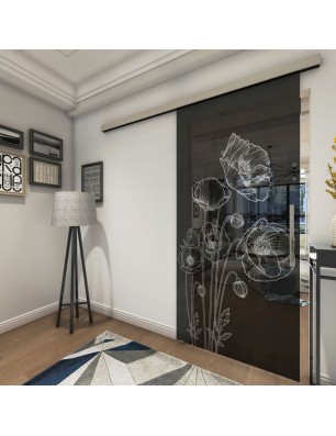 Glasschiebetür SLIM-LINE Blume 10 Gelasert Auf Grauglas