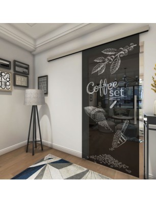 Glasschiebetür SLIM-LINE Coffee Set Gelasert Auf Grauglas