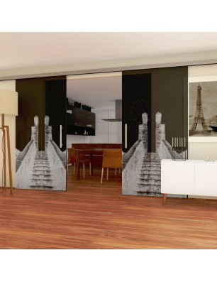 Glasschiebetür SLIM-LINE Treppe Gelasert Auf Grauglas