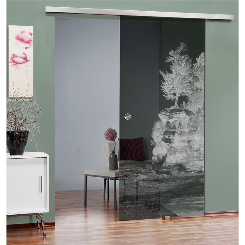 Glasschiebetür SLIM-LINE Klippe II Gelasert Auf Grauglas Glasschiebetür SLIM-LINE Klippe II Gelasert Auf Grauglas