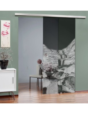 Glasschiebetür SLIM-LINE Wasserfall Gelasert Auf Grauglas